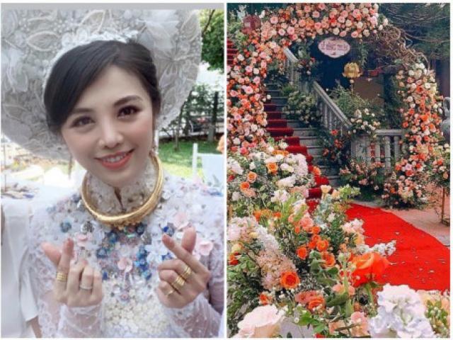 Bạn trẻ - Cuộc sống - Đám hỏi "con nhà giàu": Vàng đeo trĩu cổ, hoa tươi xếp tầng đắt đỏ