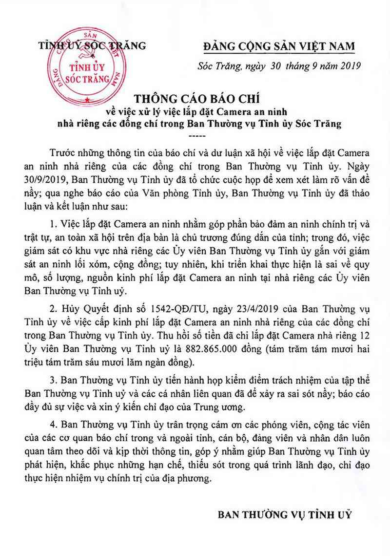 Sóc Trăng nhận sai, hủy việc lắp camera nhà cán bộ Thường vụ - 2