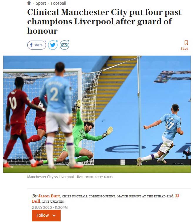 Telegraph khen ngợi màn trình diễn của các cầu thủ Man City