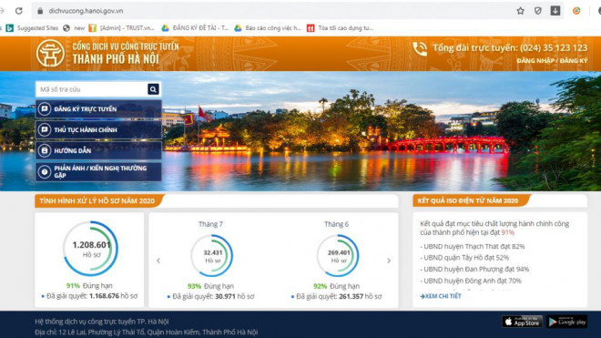 Trang web cổng dịch vụ công trực tuyến của Hà Nội (ảnh chụp màn hình sáng 4/7)