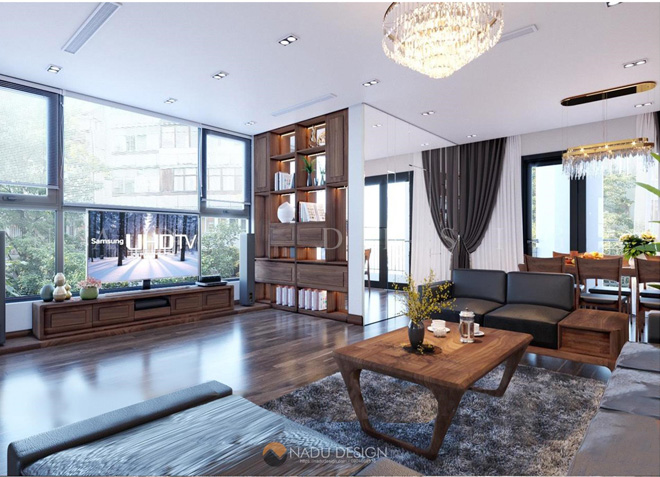 Dự án phòng khách gỗ óc chó do NaDu thực hiện.