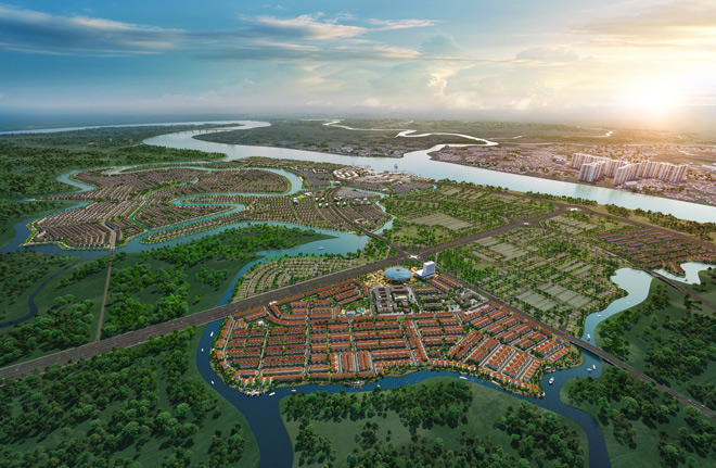 Phối cảnh dự án Aqua City quy mô gần 1.000ha, được bao bọc bởi hệ thống các con sông lớn