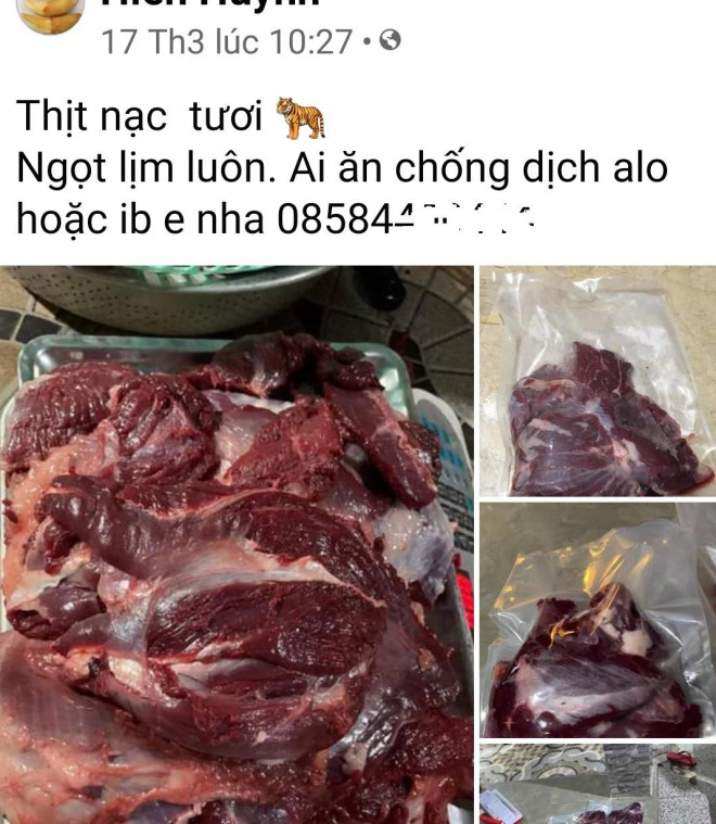 Thịt hổ được “bày bán” công khai trên mạng xã hội. Ảnh: H.A