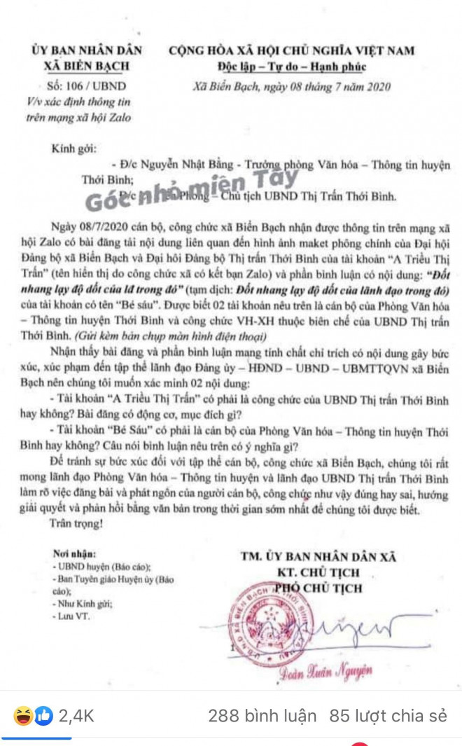 Nữ phó chủ tịch xã Biển Bạch phản ứng bằng công văn và công văn này bị đăng tải lên facebook