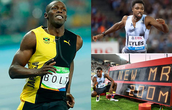 Noah Lyles (phải) đã ăn mừng vì phá được kỷ lục chạy 200m của Bolt (trái) nhưng thành tích này không được công nhận