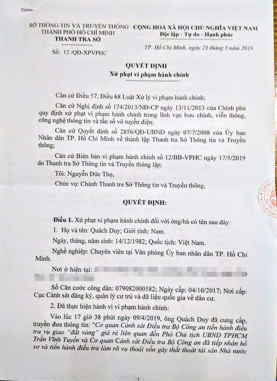 Quyết định của Thanh tra Sở Thông tin và Truyền thông TPHCM xử phạt hành chính ông Quách&nbsp;Duy&nbsp;