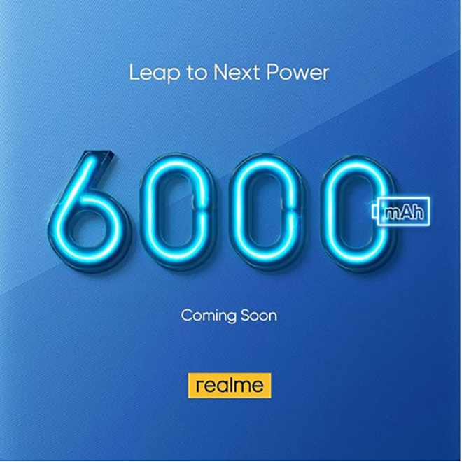 Smartphone sắp tới của Realme sẽ có pin dung lượng lên tới 6000 mAh.