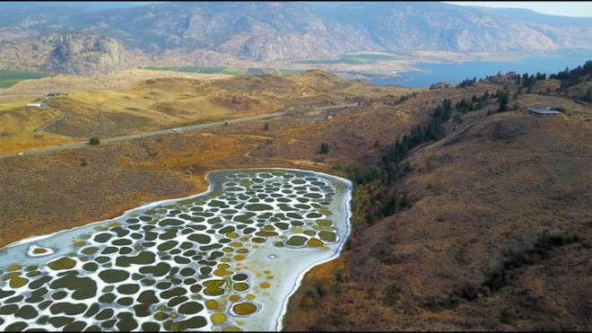Hồ đốm ở phía tây của Osoyoos, Canada. Các điểm đốm lớn trên hồ xuất hiện có màu sắc khác nhau theo thành phần khoáng chất và lượng mưa theo mùa.