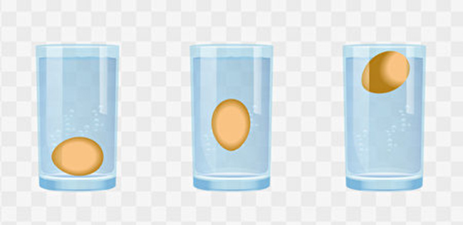 Trứng tươi sẽ chìm xuống đáy (ảnh trái), trứng vừa qua thời hạn sử dụng sẽ nổi lơ lửng gần đáy (ảnh giữa), trứng hoàn toàn nổi trên nước là đã quá thời hạn sử dụng lâu (ảnh phải).
