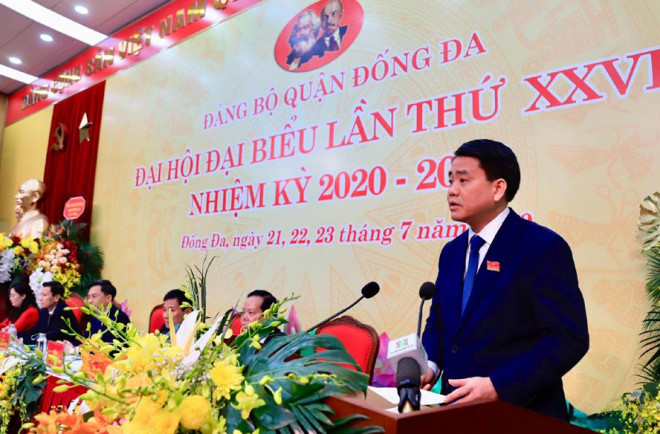 Chủ tịch UBND thành phố Hà Nội Nguyễn Đức Chung phát biểu chỉ đạo đại hội Đại biểu lần thứ XXVIII Đảng bộ quận Đống Đa, nhiệm kỳ 2020-2025