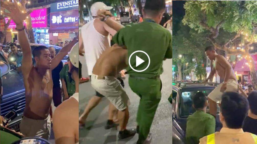 Người đàn ông cởi trần, say xỉn "cãi lý" với lực lượng công an tại hiện trường.
