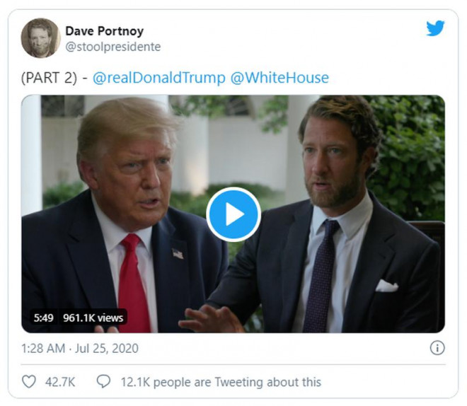 Tổng thống Mỹ Donald Trump có cuộc phỏng vấn với&nbsp;Dave Portnoy - chủ trang blog thể thao&nbsp;Barstool Sports hôm 24-7. Ảnh: TWITTER