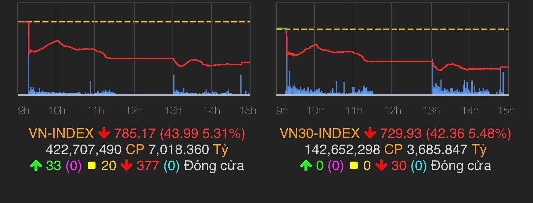 VN-Index giảm 43,99 điểm (tương đương 5,31%) về mốc 785,17 điểm.