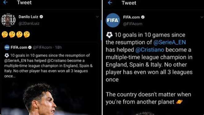 Tweet của FIFA (phải) và Tweet đầy băn khoăn của Danilo (trái)