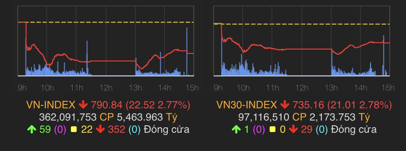 VN-Index kết phiên giảm 2.77%, đạt mức 790.84 điểm.