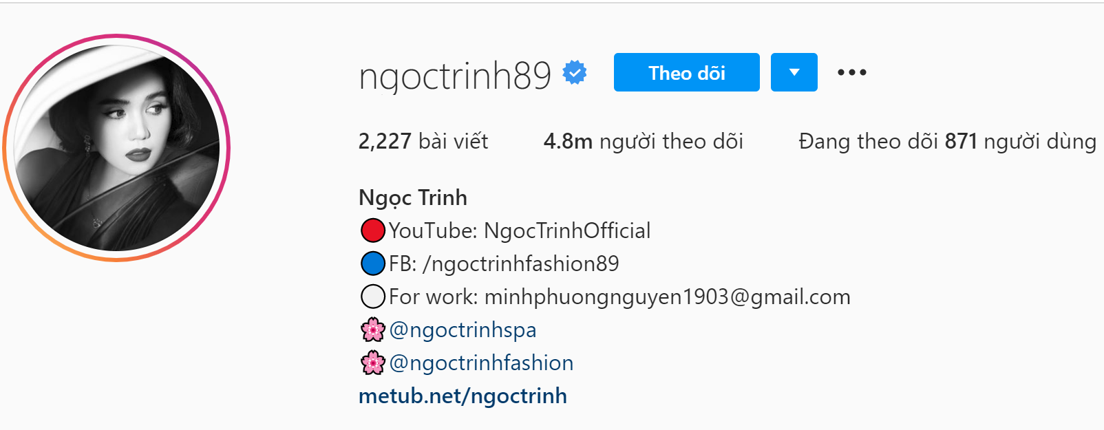 Tài khoản Instagram của Ngọc Trinh hiện có 4.8 triệu người theo dõi