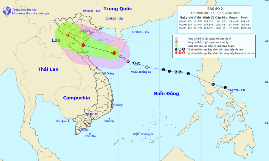Vị trí và hướng di chuyển tiếp theo của bão số 2. Ảnh Trung tâm Dự báo KTTVQG.