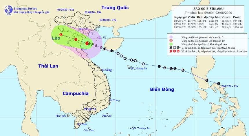 Vị trí và hướng di chuyển tiếp theo của bão số 2 – Sinlaku. Ảnh: Trung tâm Dự báo KTTVQG.