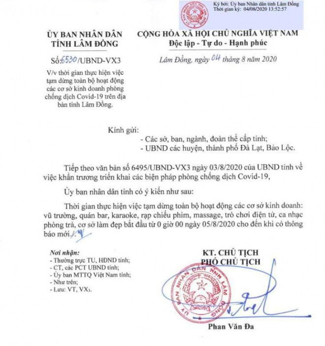 Thời gian tạm dừng toàn bộ các hoạt động bắt đầu từ 00 giờ ngày 5-8 nhằm phòng chống dịch Covid-19.