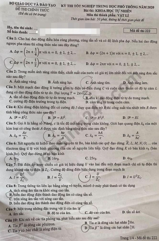 Đề thi, đáp án đầy đủ môn Vật lý tốt nghiệp THPT 2020 - 2