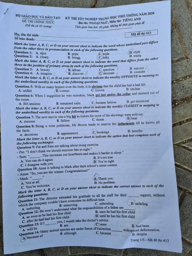 Đề thi môn tiếng anh kỳ thi THPT 2020 - 1