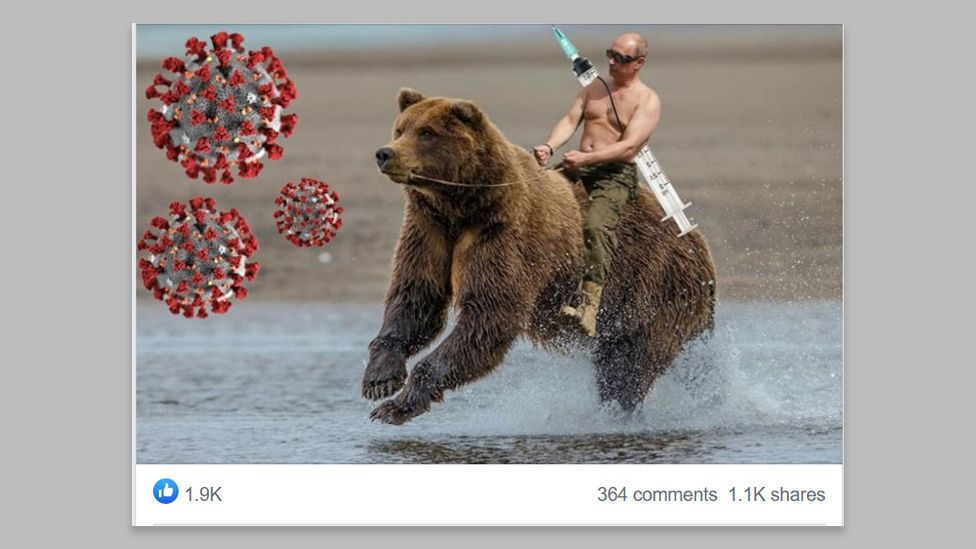 Ảnh ghép ông Putin cưỡi gấu lưng đeo ống tiêm tràn ngập mạng xã hội châu Âu sau khi Nga tuyên bố phê duyệt vắc xin Covid-19 (ảnh: BBC News)