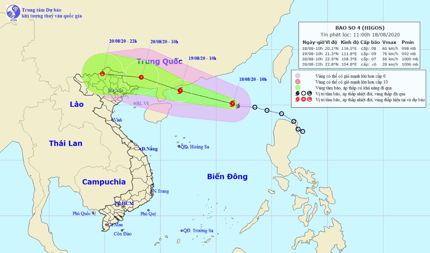 Vị trí và hướng di chuyển tiếp theo của bão số 4 trên Biển Đông. Ảnh Trung tâm Dự báo KTTVQG.