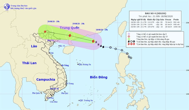 Vị trí và hướng di chuyển của bão số 4 trên Biển Đông. Ảnh Trung tâm Dự báo KTTVQG.