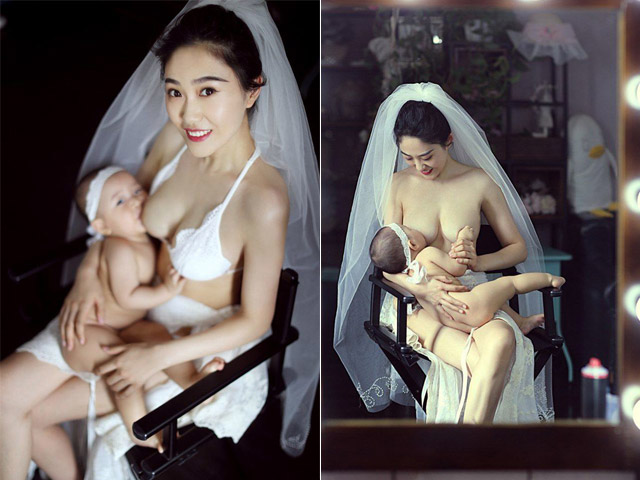 Bạn trẻ - Cuộc sống - Khoảnh khắc cô dâu ngực trần cho con bú, dân mạng "Bố đứa trẻ thật là hạnh phúc"