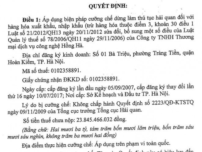 Quyết định của Tổng cục Hải quan về việc cưỡng chế dừng làm thủ tục hải quan đối với hàng hóa xuất nhập khẩu của Cty TNHH Hồng Hà