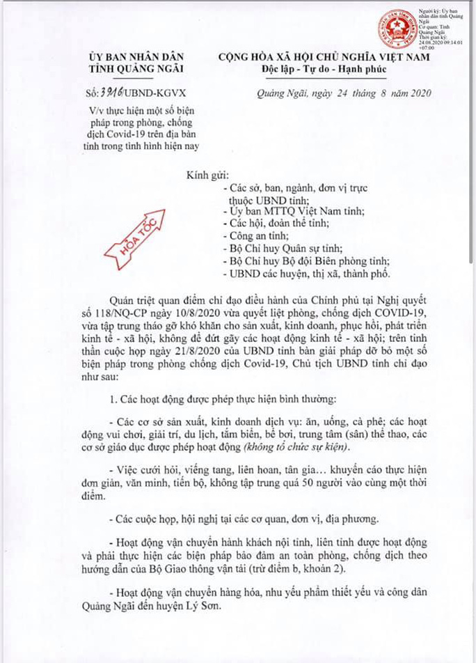 Công văn chỉ đạo của UBND tỉnh Quảng Ngãi. Ảnh: T.Trực