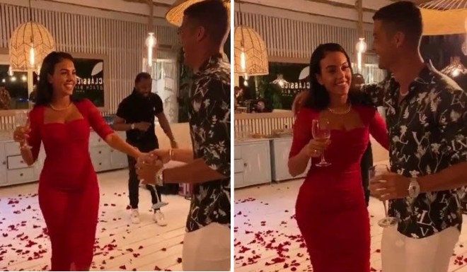 Ronaldo khiêu vũ với bạn gái nóng bỏng trên sàn nhà được rải đầy cánh hoa hồng