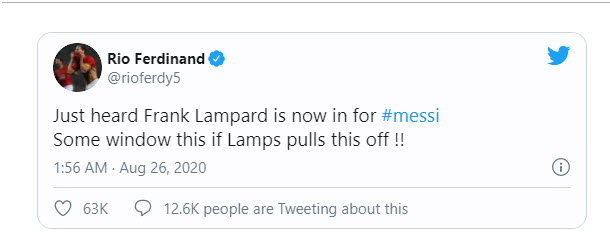 Rio Ferdinand thông báo trên Twitter về việc Lampard muốn có Messi