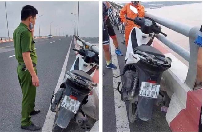 Xe máy của nam sinh dựng sát cầu Vĩnh Thịnh.