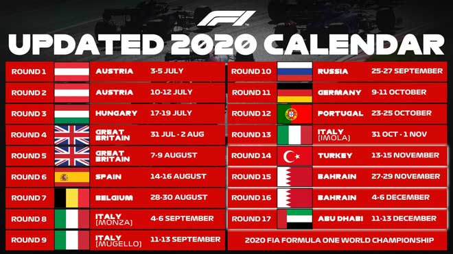Lịch đầy đủ chính thức của mùa giải F1 2020