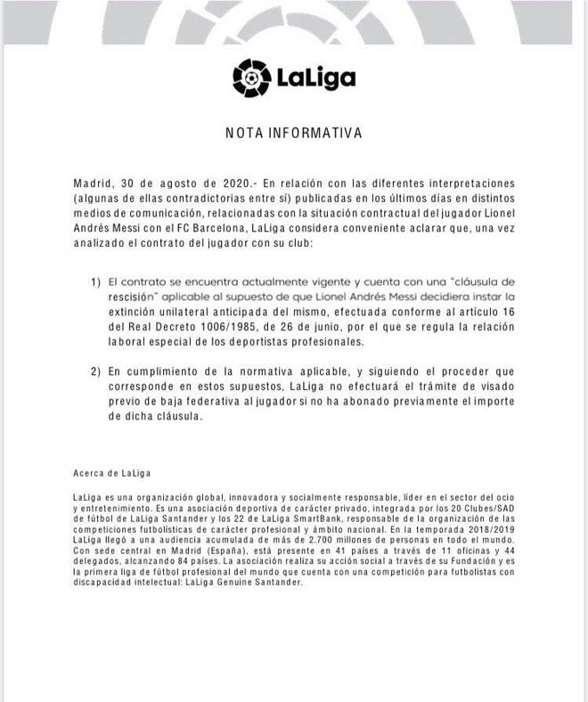 Ban tổ chức La Liga gửi văn bản bày tỏ sự ủng hộ Barca trong cuộc chiến pháp lý với Messi