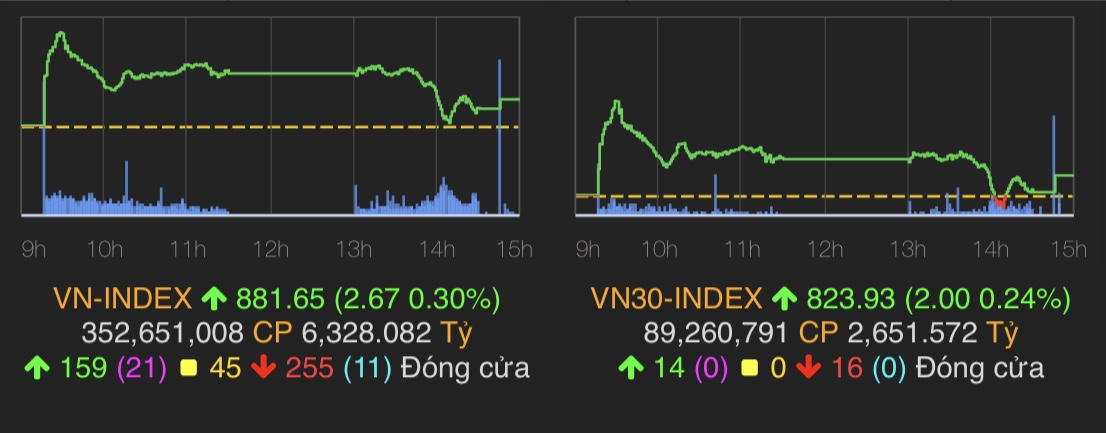 VN-Index tăng nhẹ 2,67 điểm (0,3%) lên 881,65 điểm.