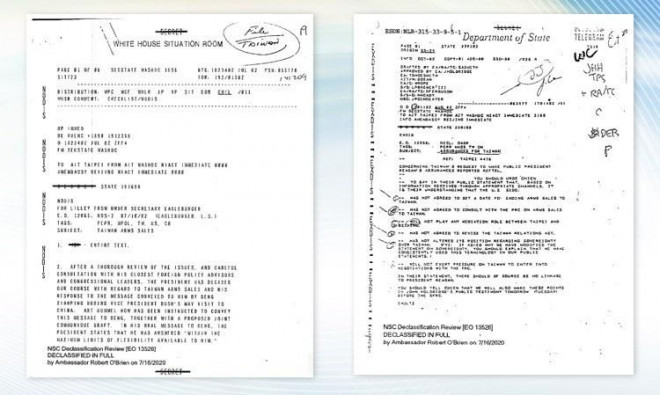 Tài liệu Mỹ gửi Đài Loan năm 1982 được Viện Mỹ tại Đài Loan (AIT) đăng tải hôm 31-8. Ảnh: ait.org.tw