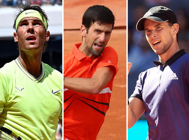 Nadal, Djokovic (trái) đang bị Thiem (phải) bám rất sát