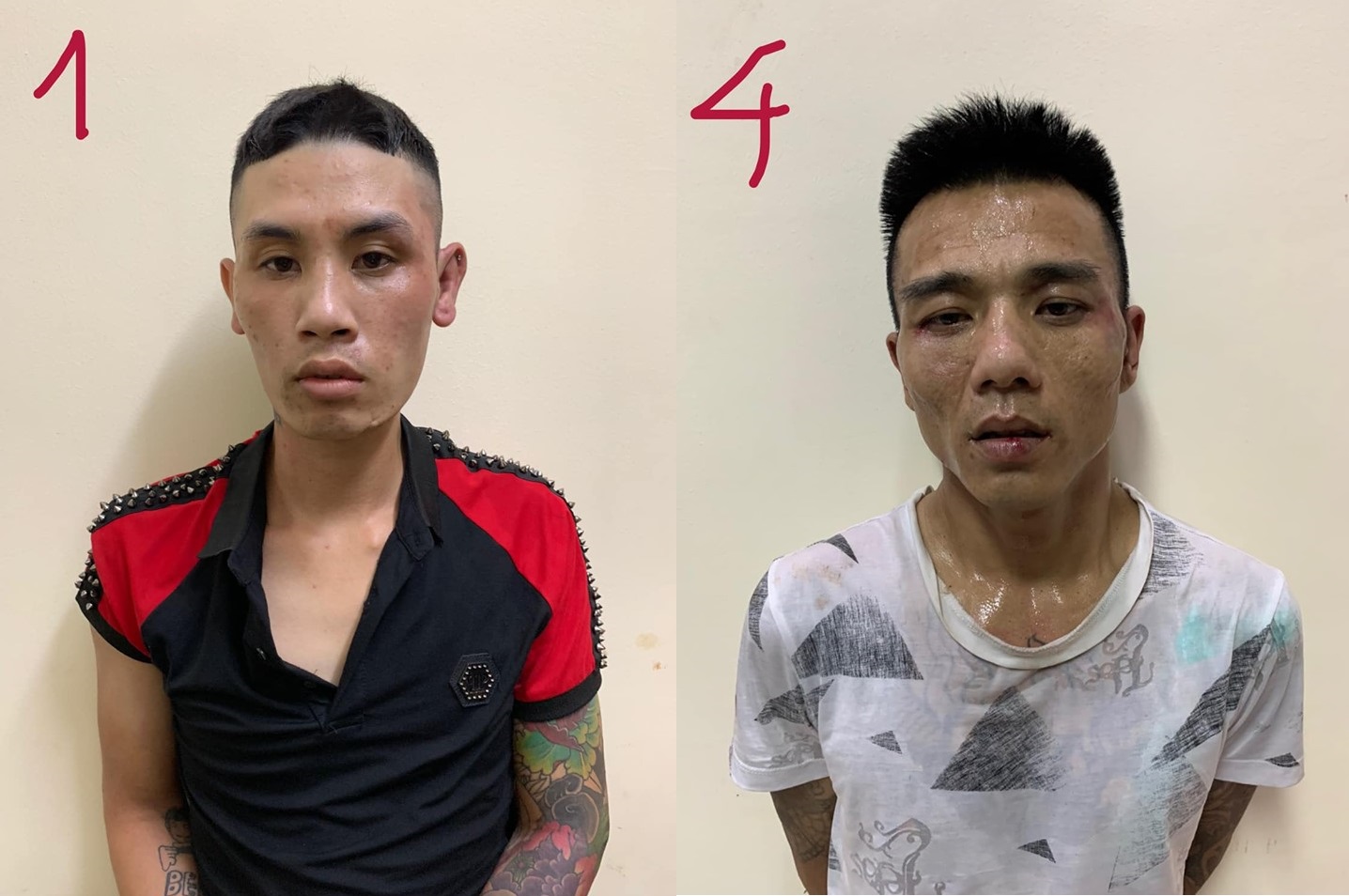 Đạt (trái) và Mạnh tại trụ sở công an.