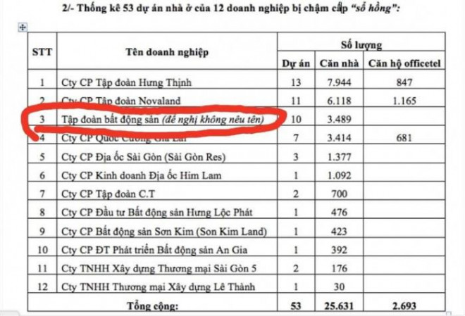 Bảng thống kê chậm sổ hồng của Hiệp hội BĐS TP Hồ Chí Minh xuất hiện một Tập đoàn BĐS bí ẩn đề nghị không nêu tên