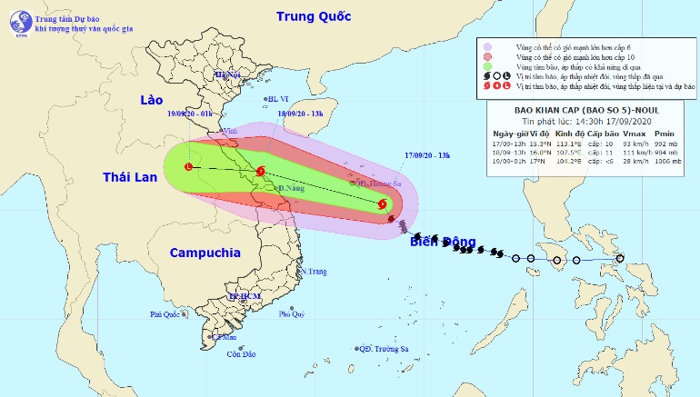 Vị trí và hướng di chuyển tiếp theo của bão số 5. Ảnh: Trung tâm Dự báo KTTVQG.
