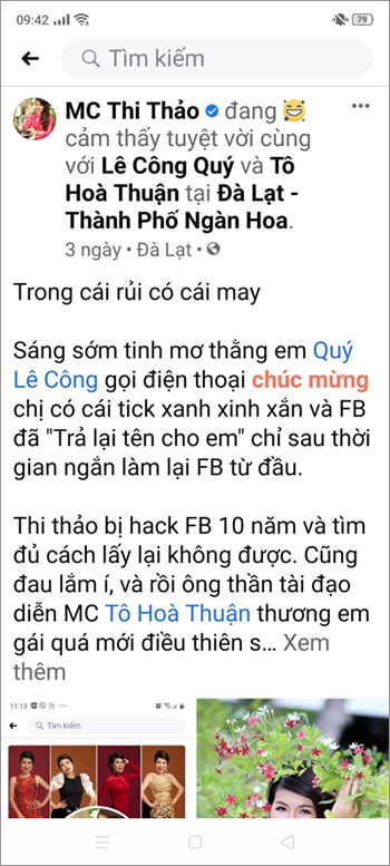 Niềm vui của diễn giả, MC Thi Thảo khi có tích xanh facebook