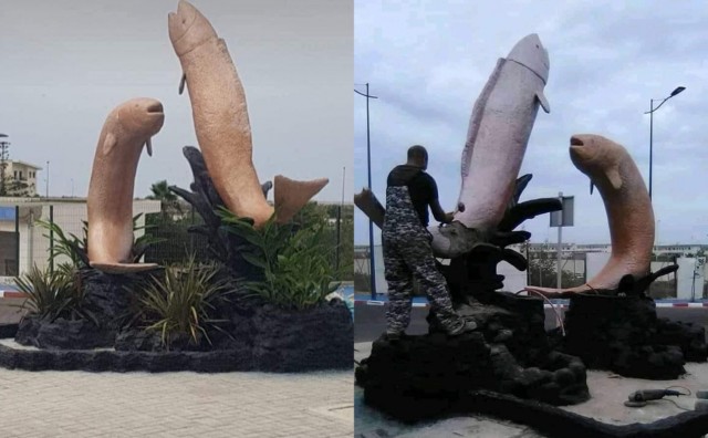 Bức tượng cá giống "của quý" gây tranh cãi ở Morocco.