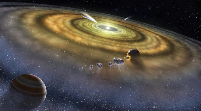 Ảnh đồ họa mô tả Hệ Mặt Trời sơ khai, khi mới có hành tinh đầu tiên là Sao Mộc được ra đời hoàn chỉnh và các thiên thạch chondrites vẫn còn lang thang khắp nơi - ảnh: ASTRONOMY
