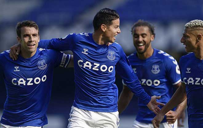 James Rodriguez và các đồng đội Everton thắng tưng bừng để lên ngôi đầu bảng