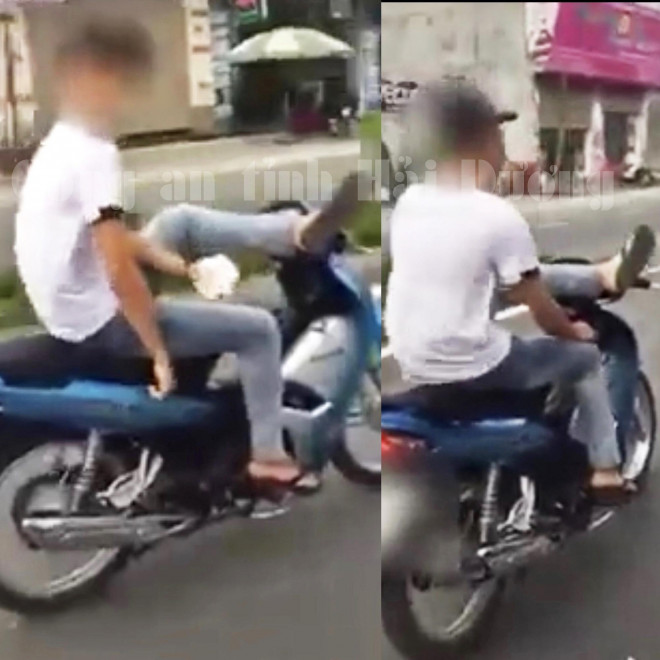Hình ảnh nam thiếu niên không đội mũ bảo hiểm, điều khiển xe máy bằng chân cắt từ clip