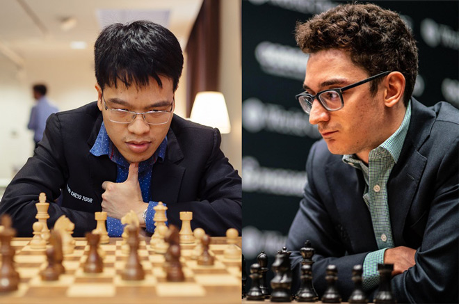 Quang Liêm (trái) đánh bại kỳ thủ số 2 thế giới Fabiano Caruana (phải)