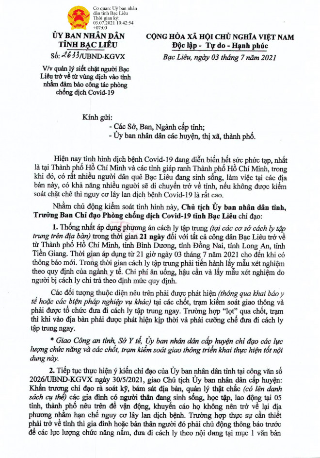 Văn bản chỉ đạo của UBND tỉnh Bạc Liêu