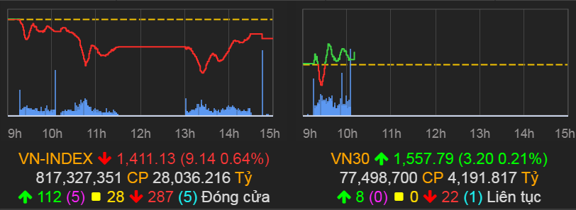 VN-Index giảm 9,14 điểm (-0,64%) xuống 1.411,13 điểm.